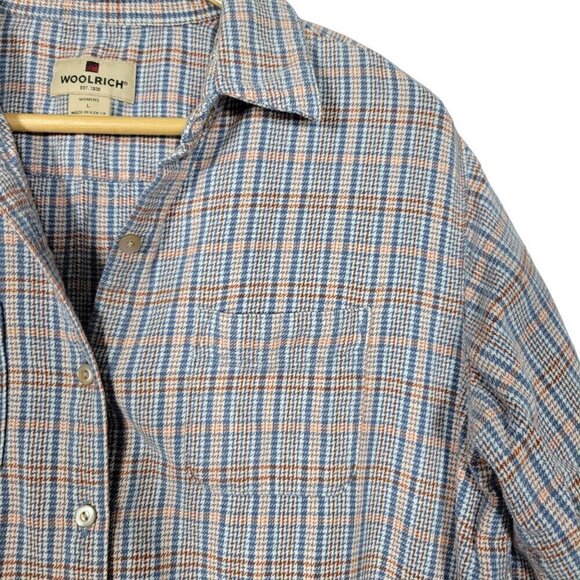 WOOLRICH Women's Light Blue Plaid Striped 100% Cotton Button Down Flannel Size L - Picture 3 of 14